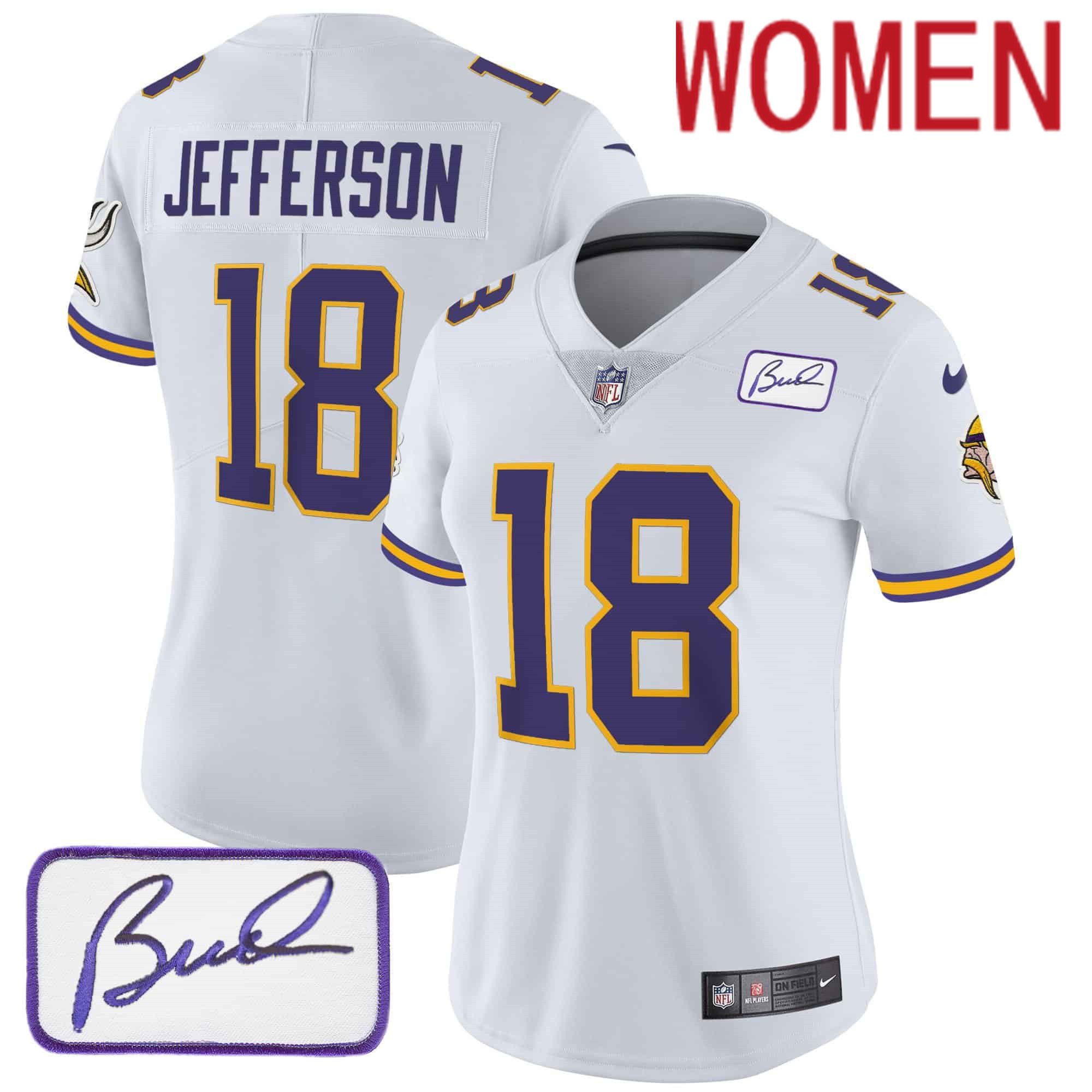 Women Minnesota Vikings #18 Jefferson White 2024 Nike Bud Grant Patch Classic Limited NFL Jersey style 1